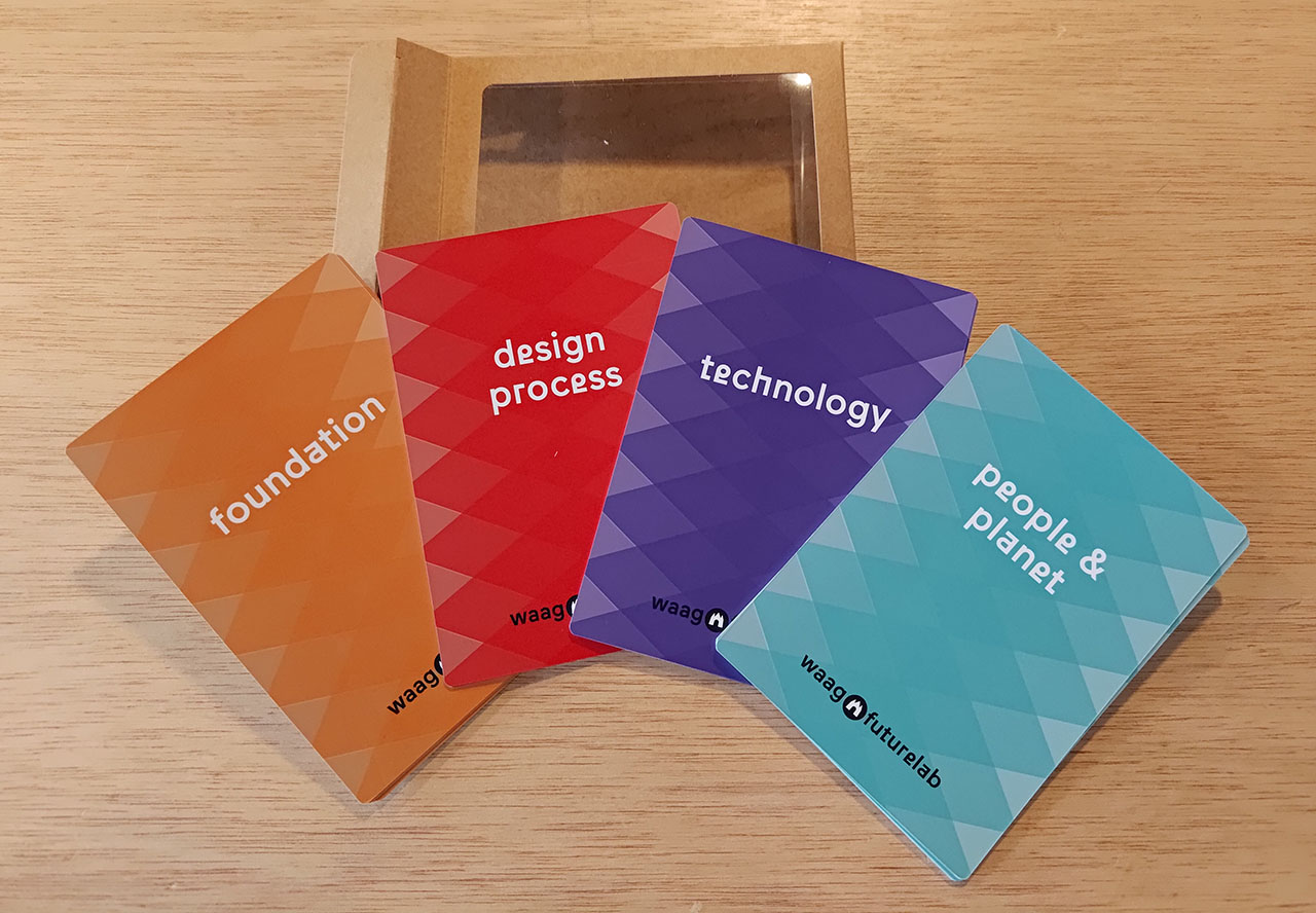 Photo of the Public Stack Reflection Cards deck showing the fout categories Foundation, Design Process, Technology and People & Planet